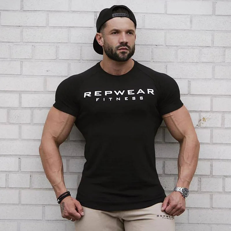 Summer men's cotton sports casual Short sleeve T-shirt gym running training breathable elastic tights