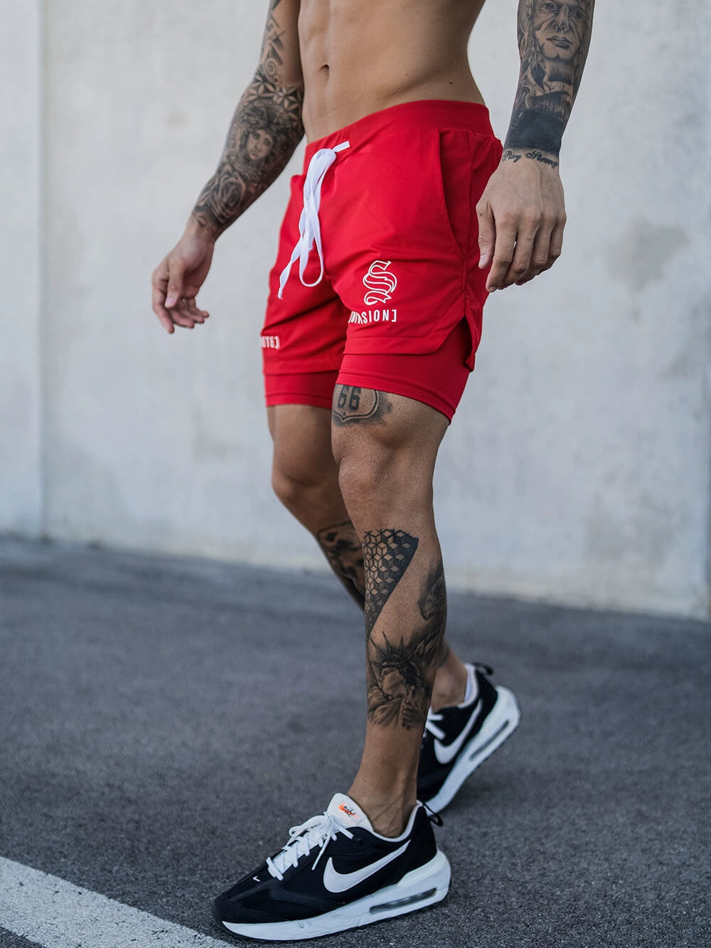 Shorts Men's Double Layer Exercise Workout Quick-Drying 4 Points below the Knee American Basketball Training Pants Lining Fake Two-Piece Trendy