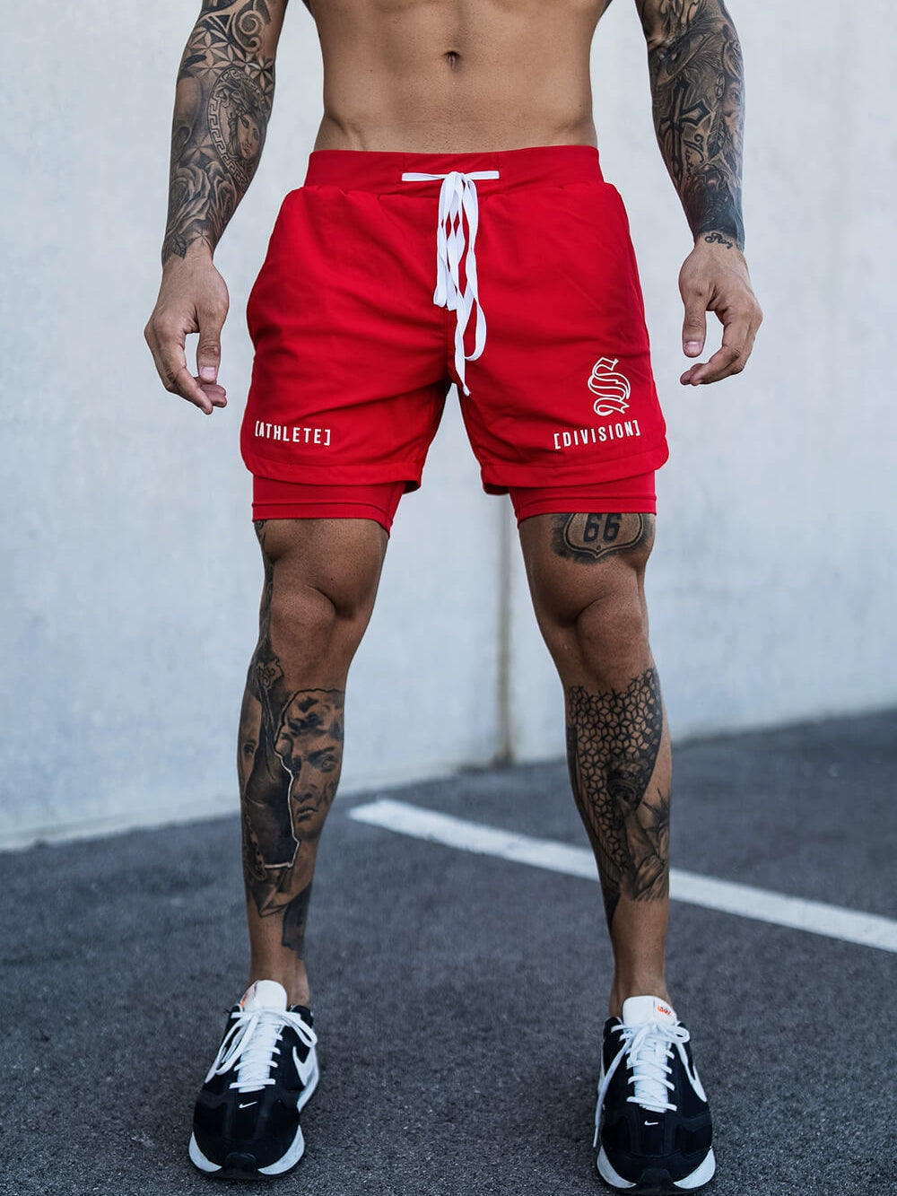 Shorts Men's Double Layer Exercise Workout Quick-Drying 4 Points below the Knee American Basketball Training Pants Lining Fake Two-Piece Trendy