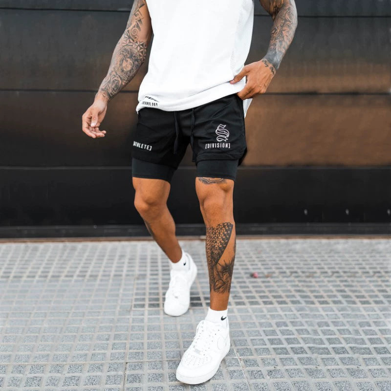 Shorts Men's Double Layer Exercise Workout Quick-Drying 4 Points below the Knee American Basketball Training Pants Lining Fake Two-Piece Trendy