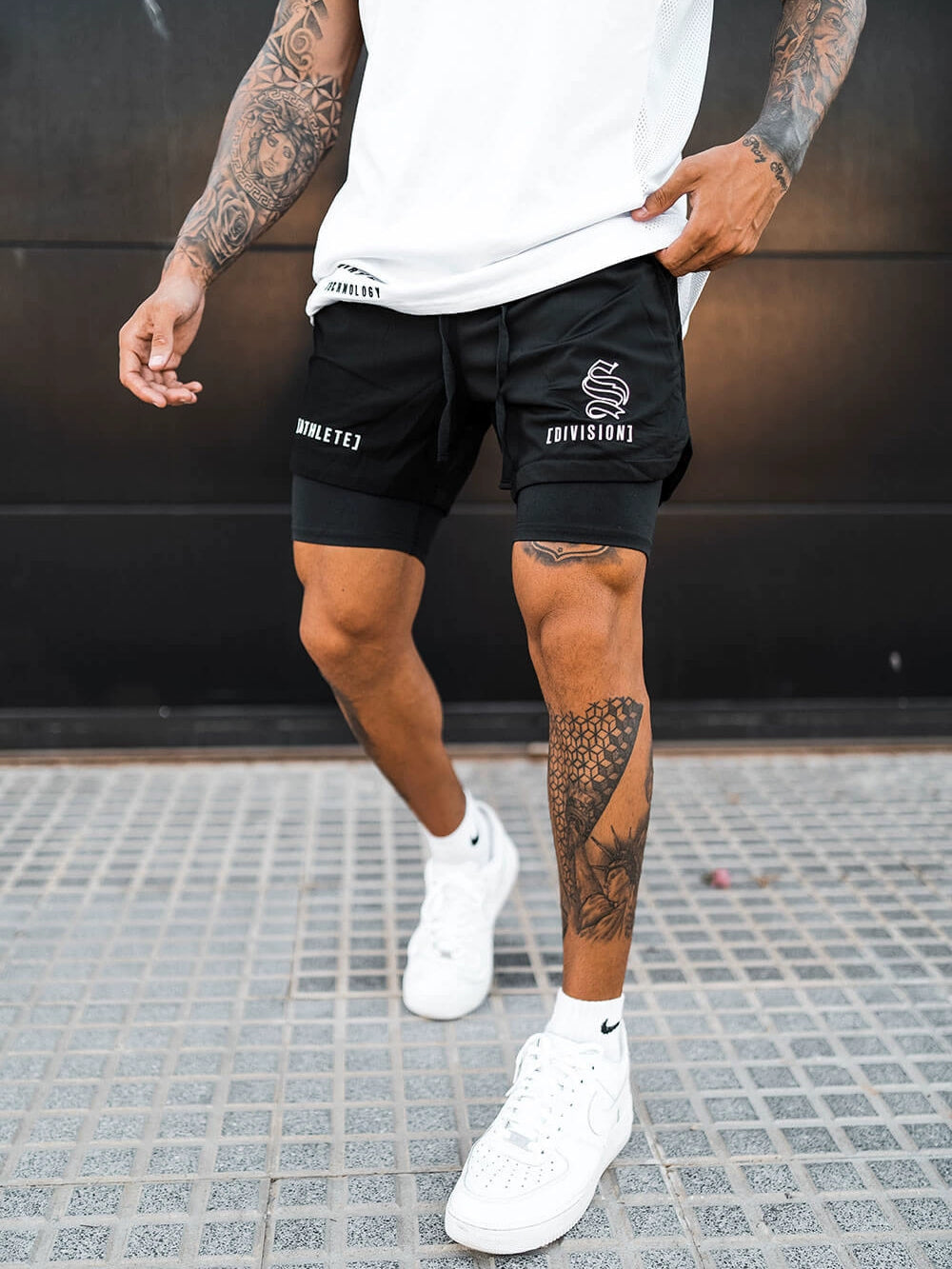 Shorts Men's Double Layer Exercise Workout Quick-Drying 4 Points below the Knee American Basketball Training Pants Lining Fake Two-Piece Trendy