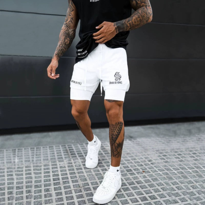 Shorts Men's Double Layer Exercise Workout Quick-Drying 4 Points below the Knee American Basketball Training Pants Lining Fake Two-Piece Trendy