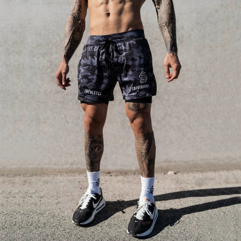 Shorts Men's Double Layer Exercise Workout Quick-Drying 4 Points below the Knee American Basketball Training Pants Lining Fake Two-Piece Trendy