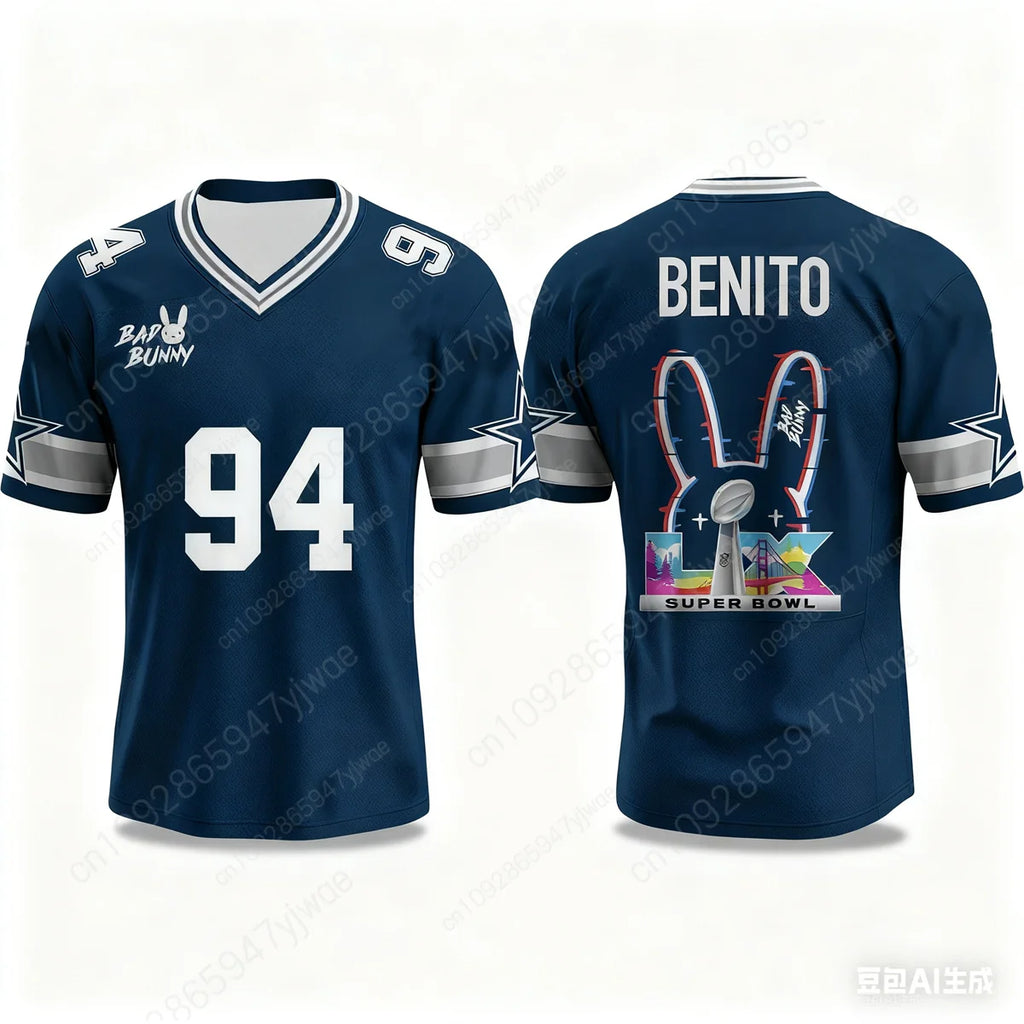 Bad Bunny Halftime Show Benito No.94 Print Rugby Jersey American Sports Tee V-neck Speed Drying Sportswear Summer Men's T-shirt