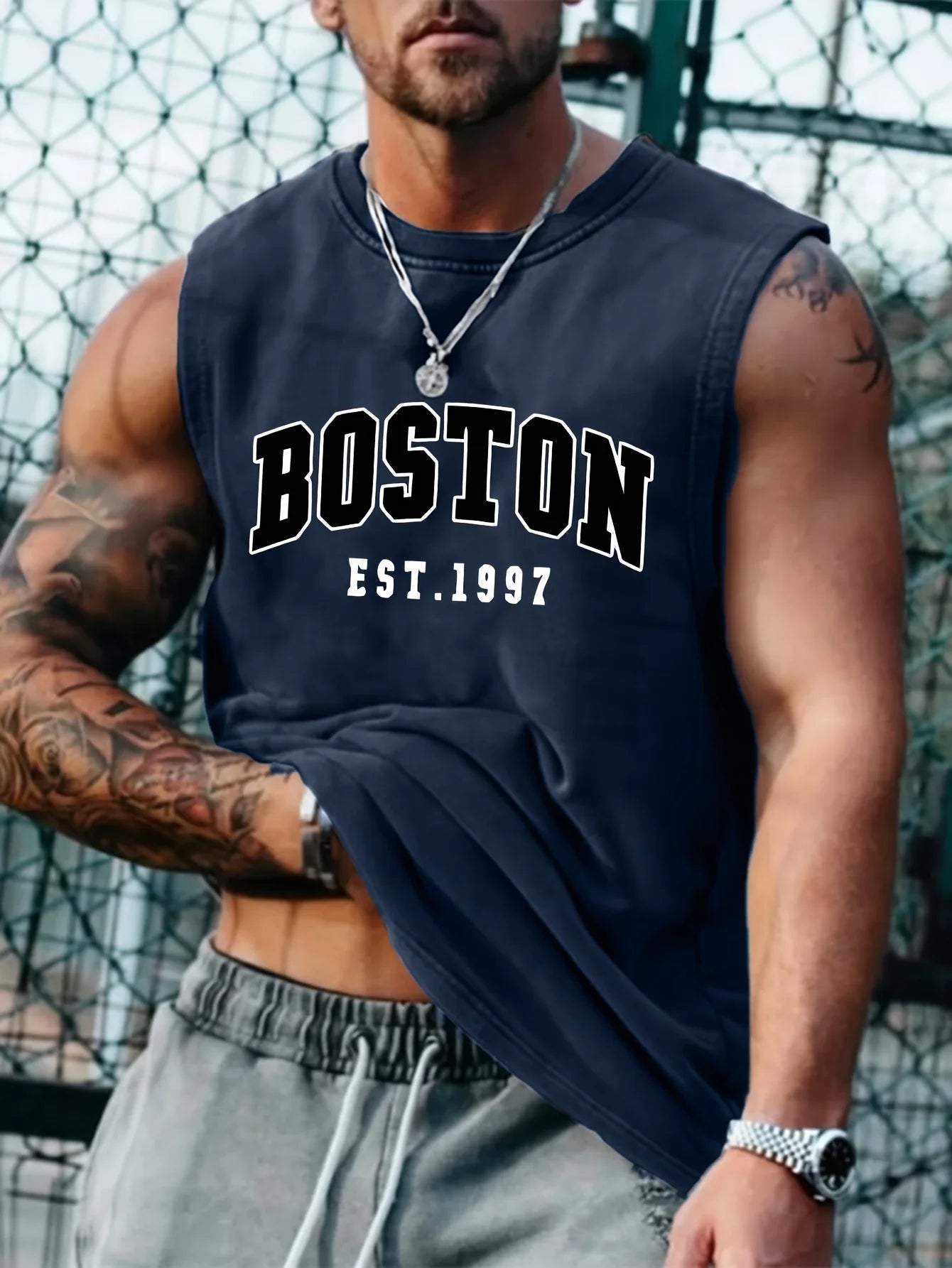 Men's summer fashion casual sports loose Boston est 1997 Print comfortable breathable round neck sleeveless vest