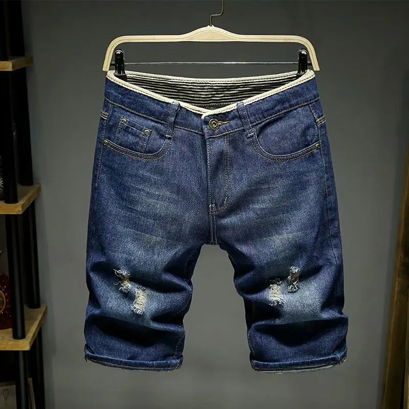 Men Denim Shorts Summer New Style Thin Section Elastic Force Slim Fit Short Jeans Male Brand Clothing Light Blue Retro Blue Retro Blue