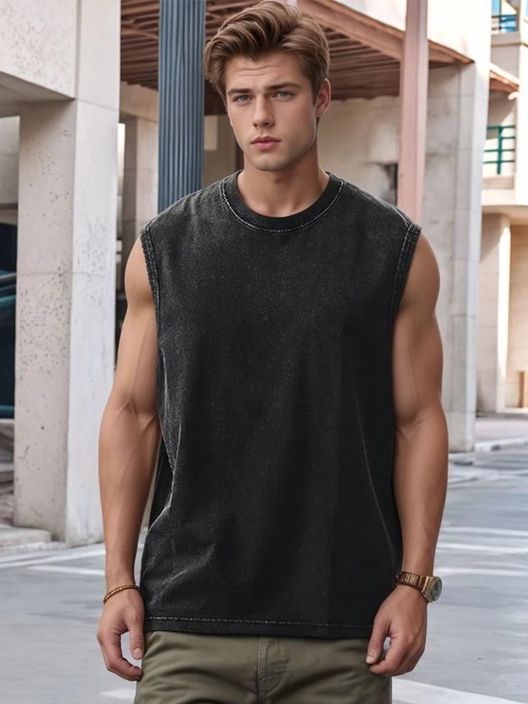 Summer Men's Washed Cotton Tank Tops Muscle Gym Sleeveless Workout T Shirts Running Beach Loose Cutoff Tees