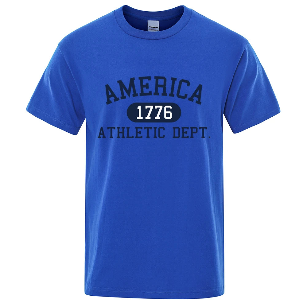 America 1776 Athletic Dept Letter Tshirt Man Fashion Tee Clothes Summer Luxury T-Shirt Hip Hop Breathable Cotton Tee Clothes