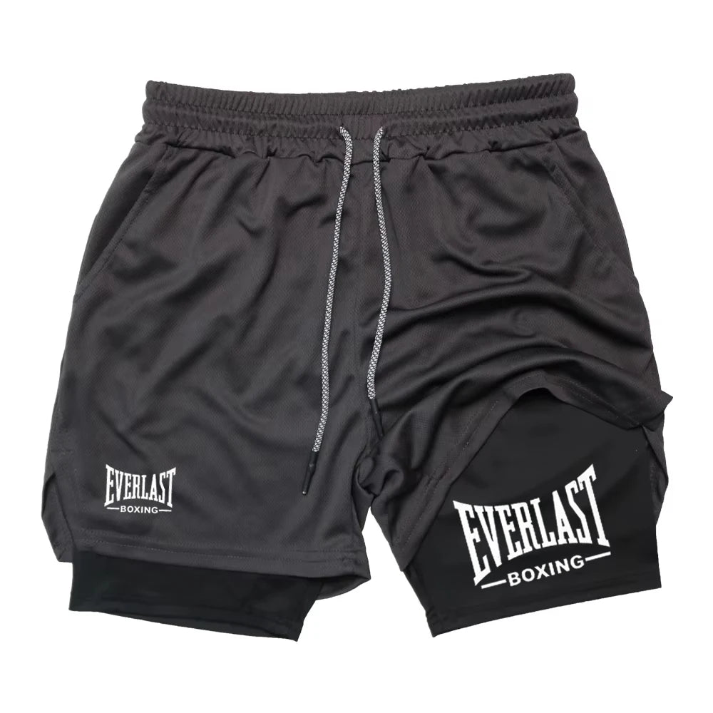 Men's Printed Double-Layer Compression Gym Shorts black
