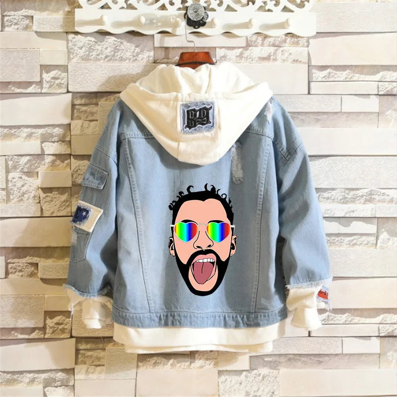 Bad Bunny Un Verano Sin Ti Men Light Blue Denim Jackets Women Men's Slim Casual Denim Coats New Male High Quality Jean Coats