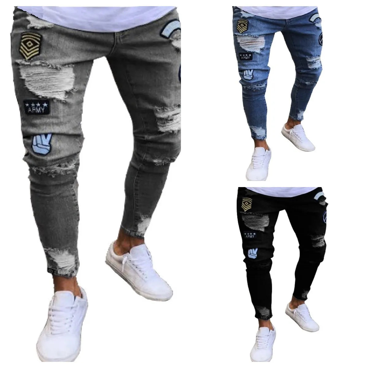 Men's White Embroidery Skinny Ripped Jeans