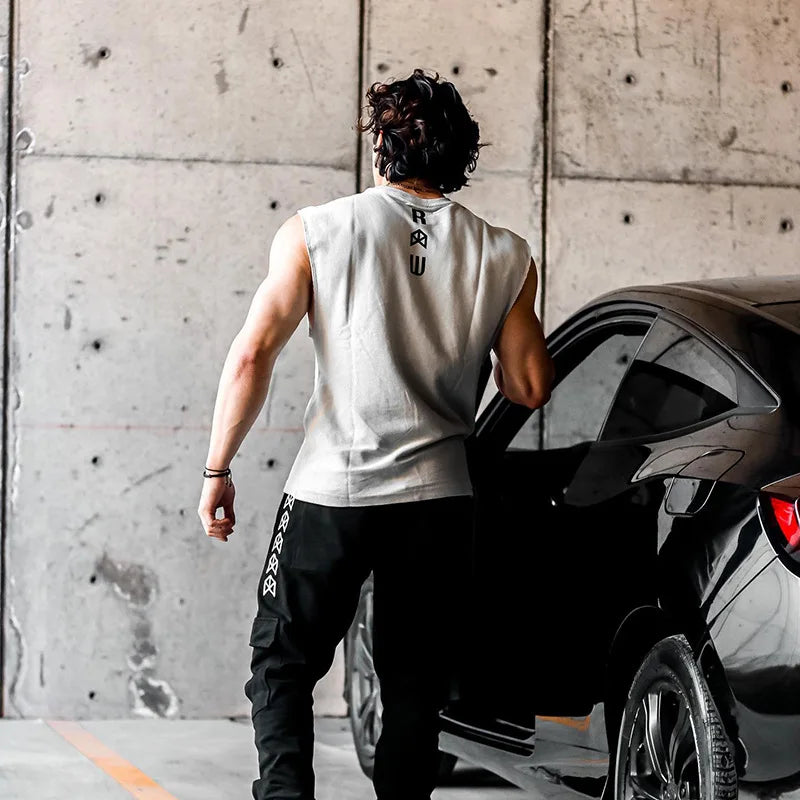 Men's Summer Trend Cotton Tank Tops Male Sweat Sleeveless Shirt Muscle Sports Gym Fitness Workout O-Neck Vest Casual Clothing