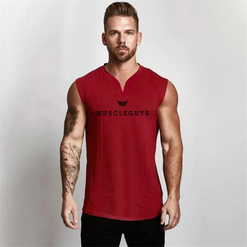 Muscleguys Brand Gym Clothing V Neck Compression Sleeveless Shirt Fitness Mens Tank Top Cotton Bodybuilding Tanktop Workout Vest