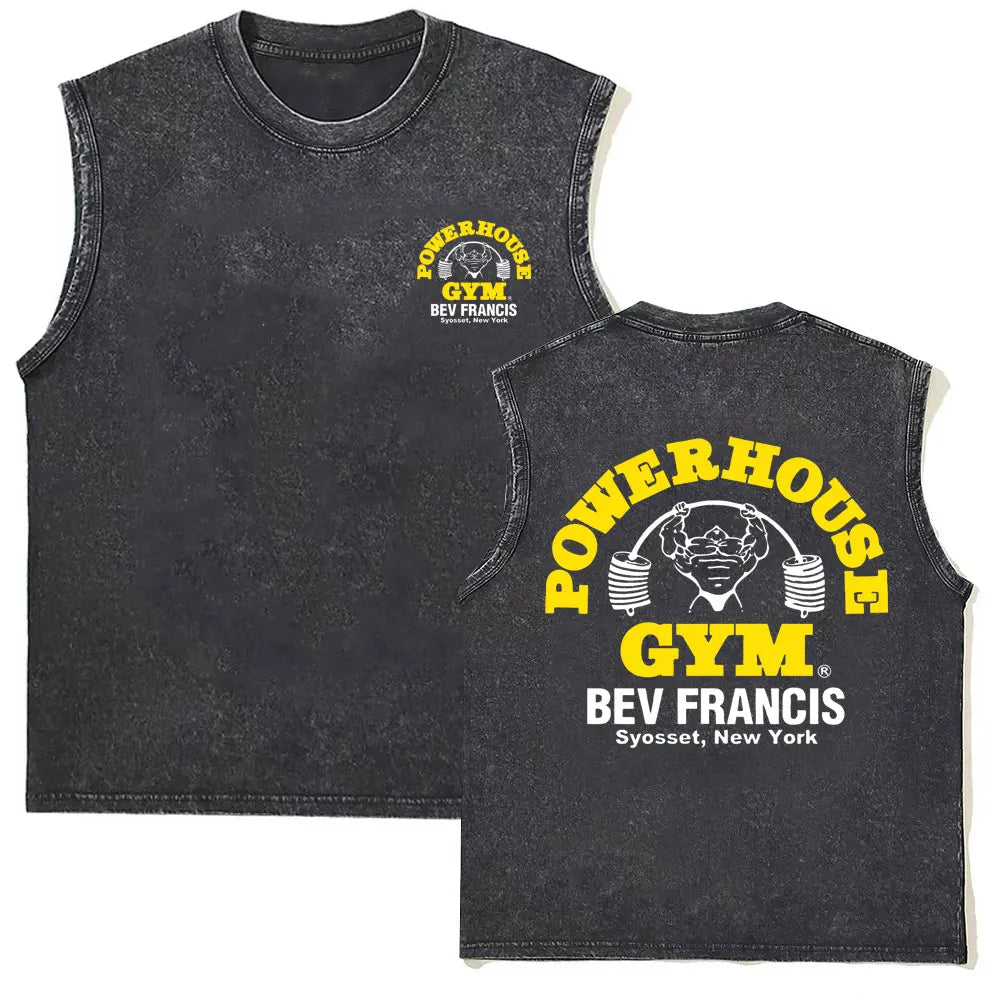 Washed Vintage Powerhouse Gym Logo Double Sided Print Tank Tops T-shirts Men Women Casual Oversized Geek Fitness Vest T Shirts