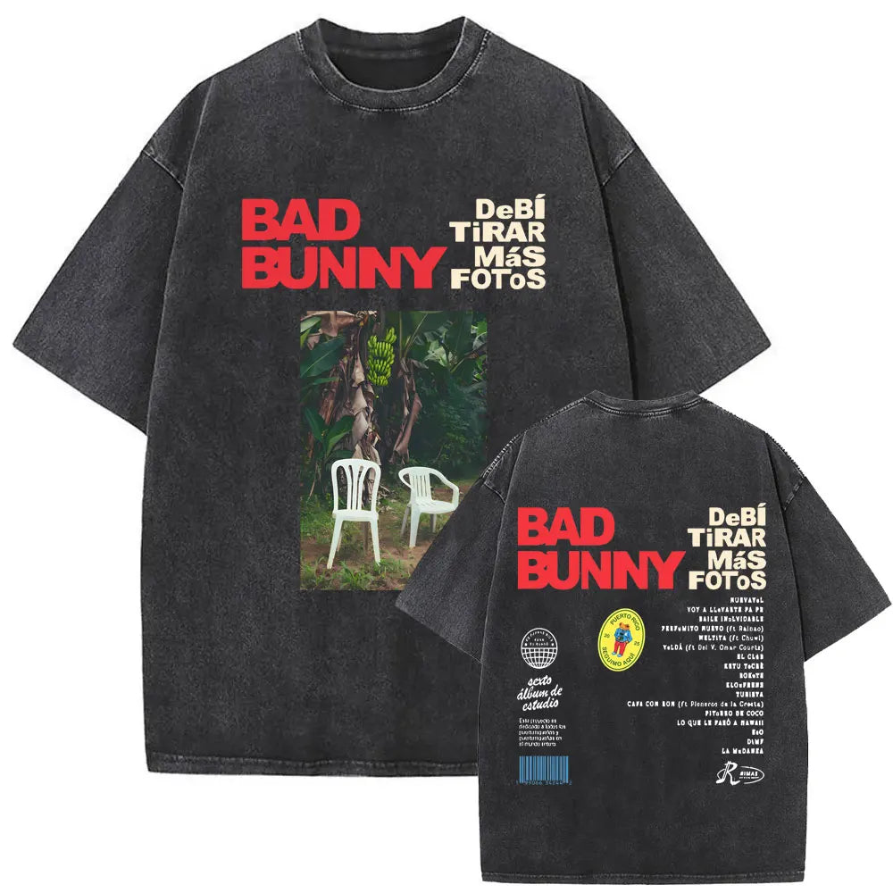 Rap Singer Bad Bunny Face Pattern T-shirt DeBi TiRAR MaS FOTOS DTMF Printed T-shirt for Men Women, Washed Retro Hip-hop T-shirt