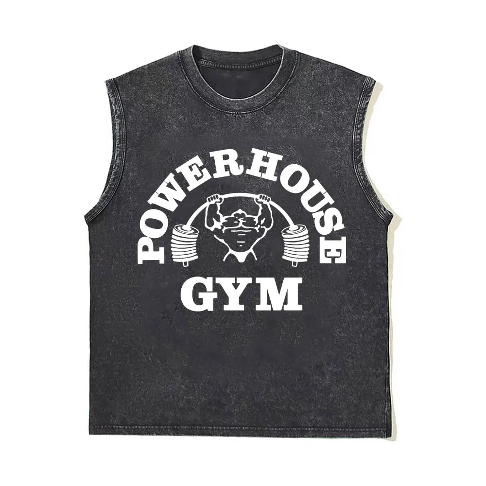 Washed Vintage Powerhouse Gym Logo Double Sided Print Tank Tops T-shirts Men Women Casual Oversized Geek Fitness Vest T Shirts