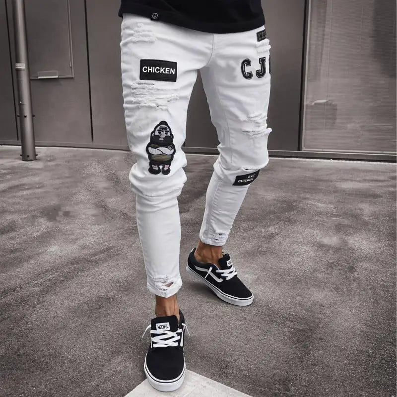 Men's White Embroidery Skinny Ripped Jeans