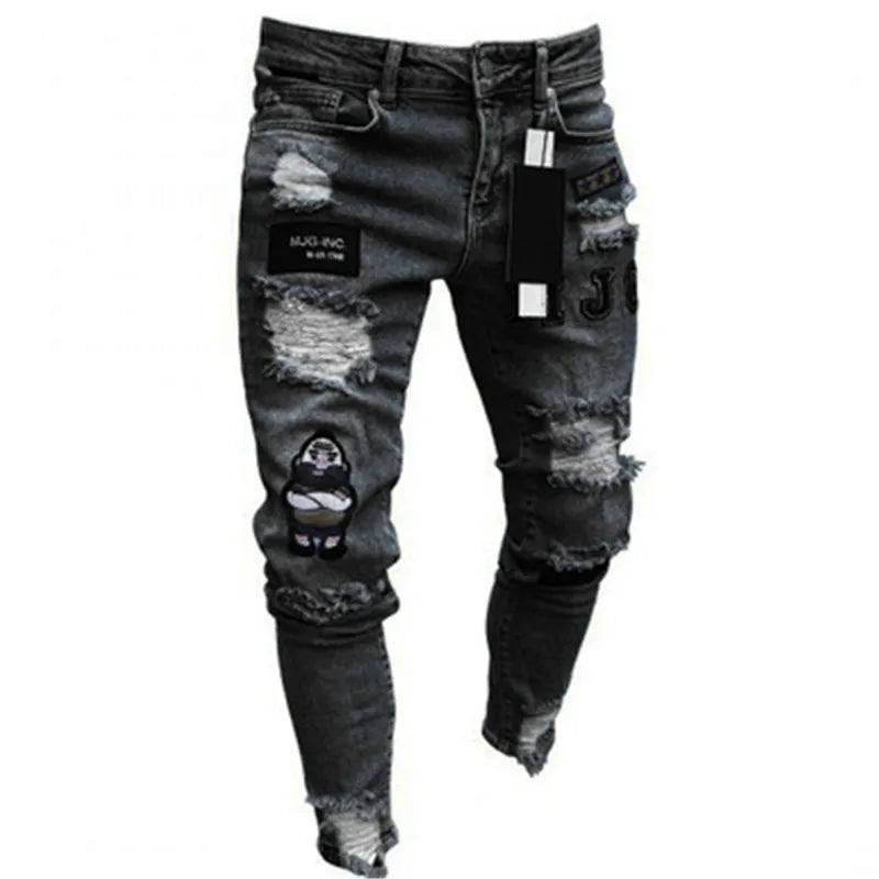 Men's White Embroidery Skinny Ripped Jeans Picture color 2