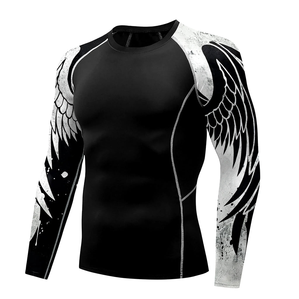 Men's Long Sleeve 3D Print Compression Training Shirt black and white
