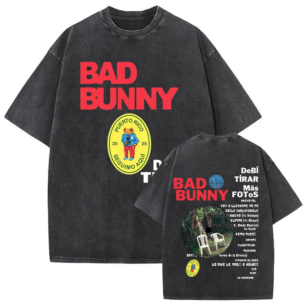 Rap Singer Bad Bunny Face Pattern T-shirt DeBi TiRAR MaS FOTOS DTMF Printed T-shirt for Men Women, Washed Retro Hip-hop T-shirt