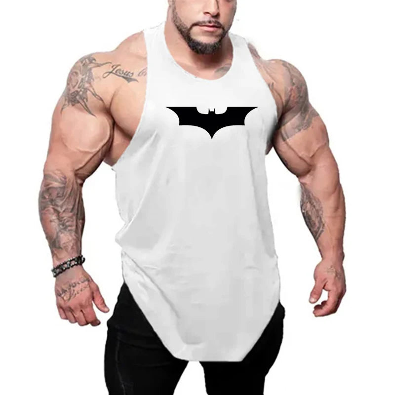 Black Bat Print Gym Fitness Running Sportswear Mens Training Bodybuilding Tank Tops Cotton Breathable Sleeveless Loose Shirts