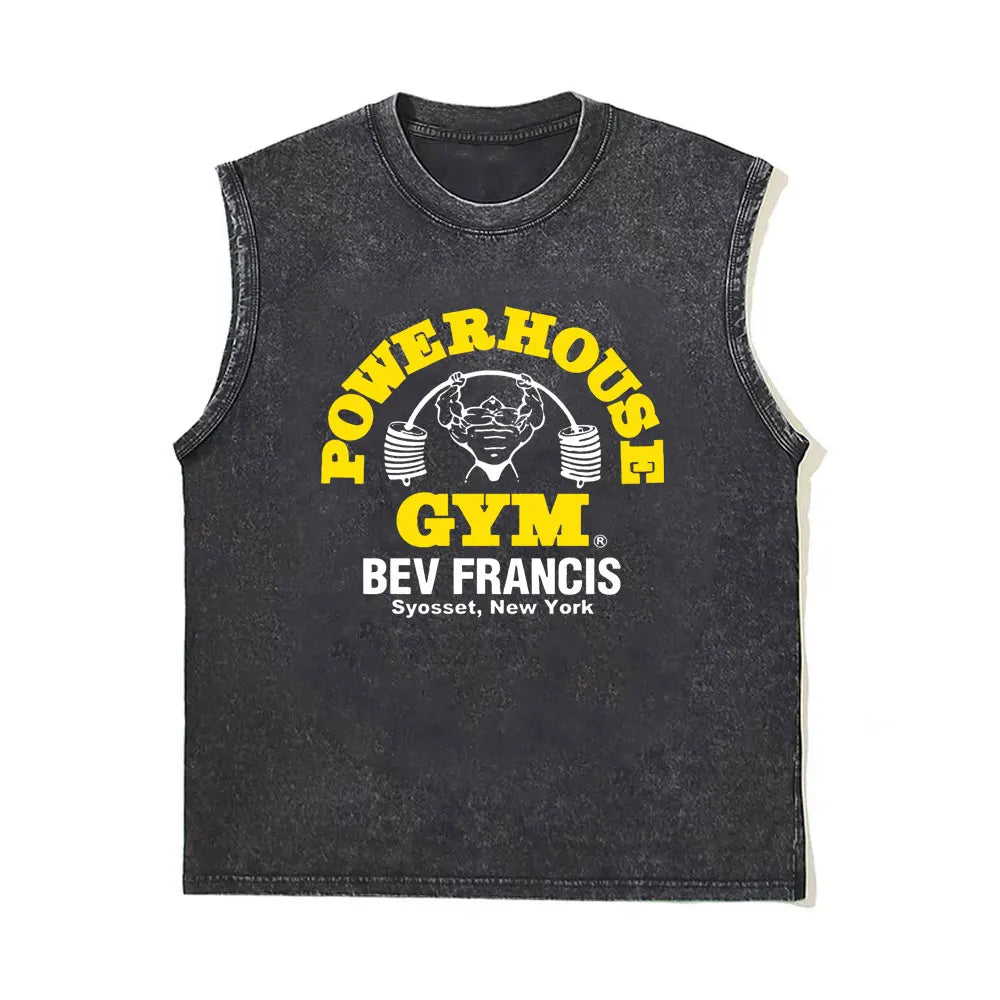 Washed Vintage Powerhouse Gym Logo Double Sided Print Tank Tops T-shirts Men Women Casual Oversized Geek Fitness Vest T Shirts