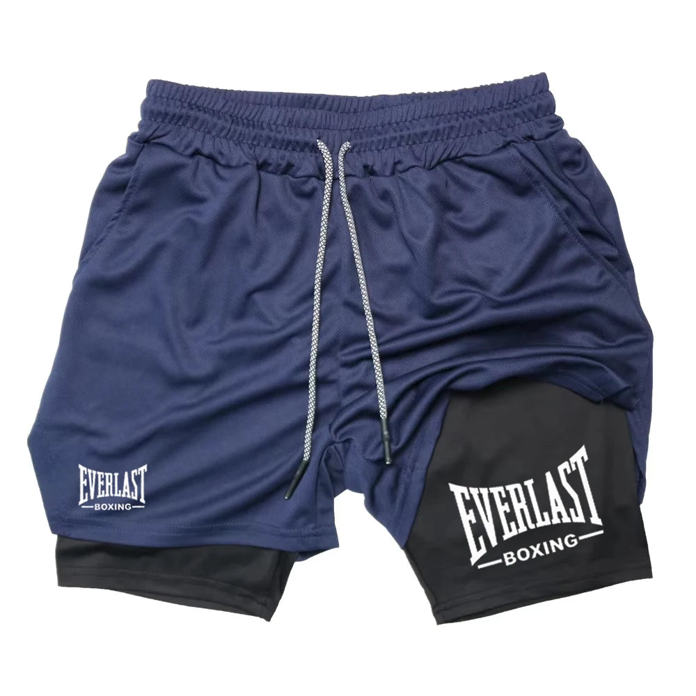 Men's Printed Double-Layer Compression Gym Shorts navy blue