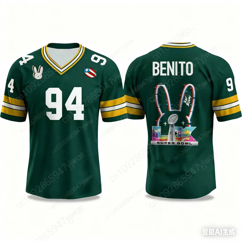 Bad Bunny Halftime Show Benito No.94 Print Rugby Jersey American Sports Tee V-neck Speed Drying Sportswear Summer Men's T-shirt
