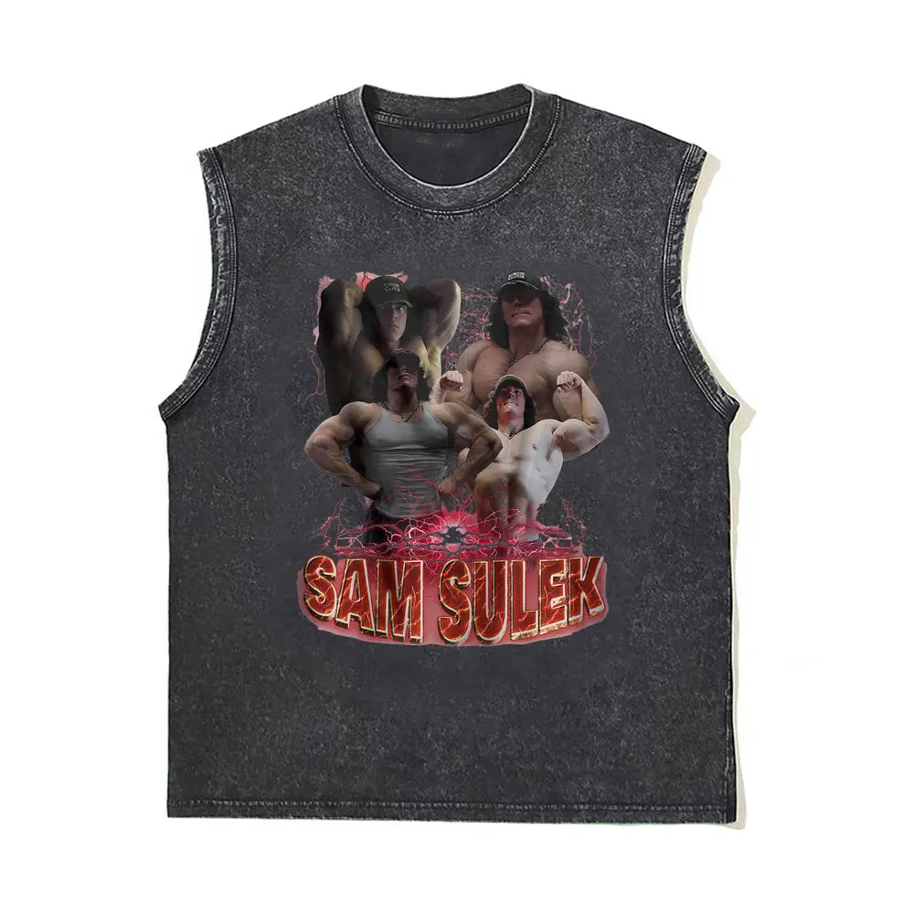 Washed Vintage Powerhouse Gym Logo Double Sided Print Tank Tops T-shirts Men Women Casual Oversized Geek Fitness Vest T Shirts