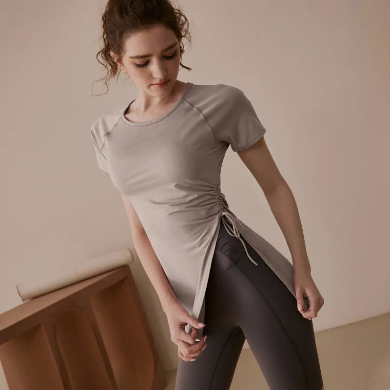 Breathable Fitness Shirt Side Drawstring Split Top Cover Hips Blouse