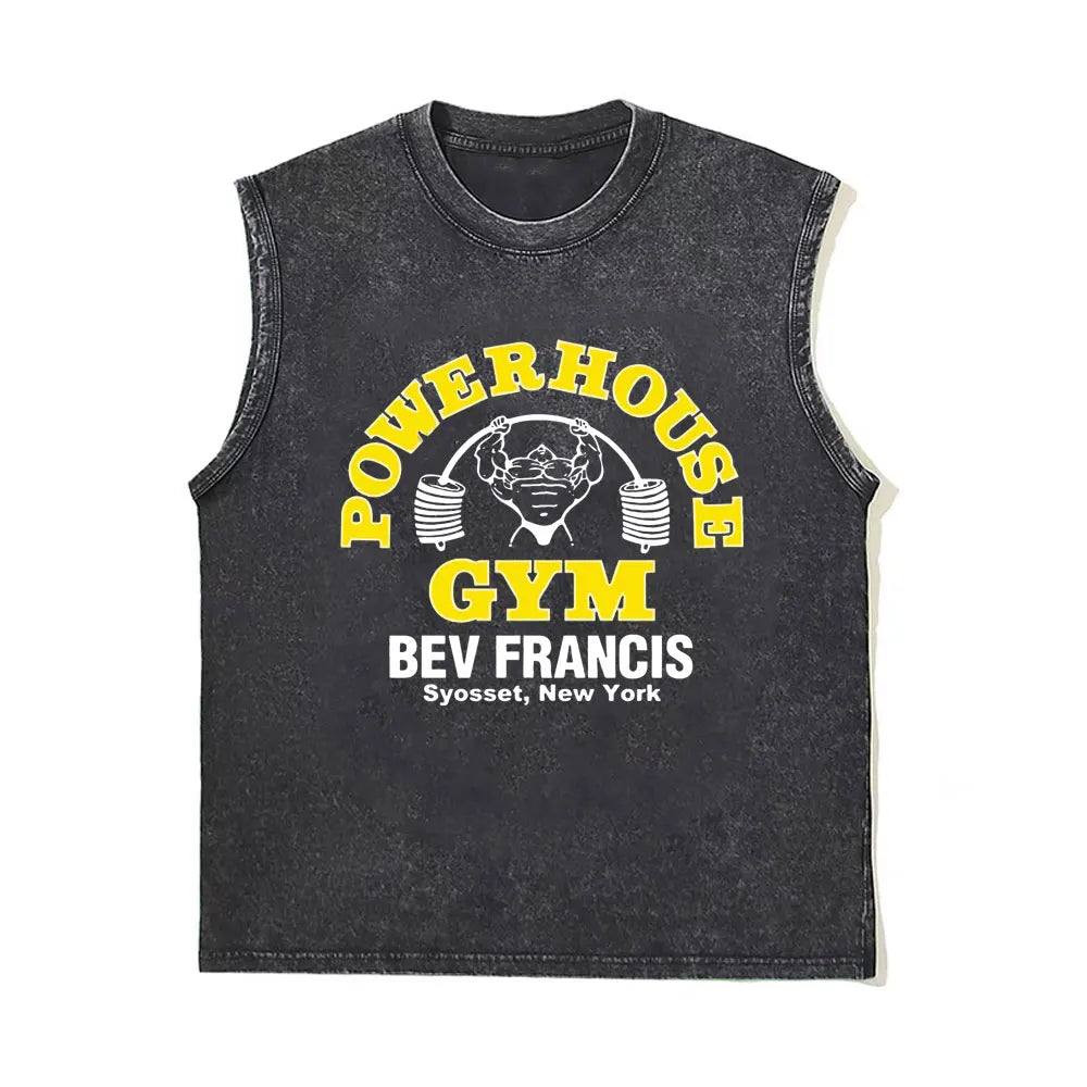 Washed Vintage Powerhouse Gym Logo Double Sided Print Tank Tops T-shirts Men Women Casual Oversized Geek Fitness Vest T Shirts