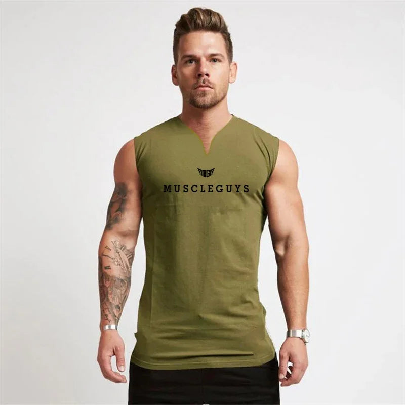 Muscleguys Brand Gym Clothing V Neck Compression Sleeveless Shirt Fitness Mens Tank Top Cotton Bodybuilding Tanktop Workout Vest