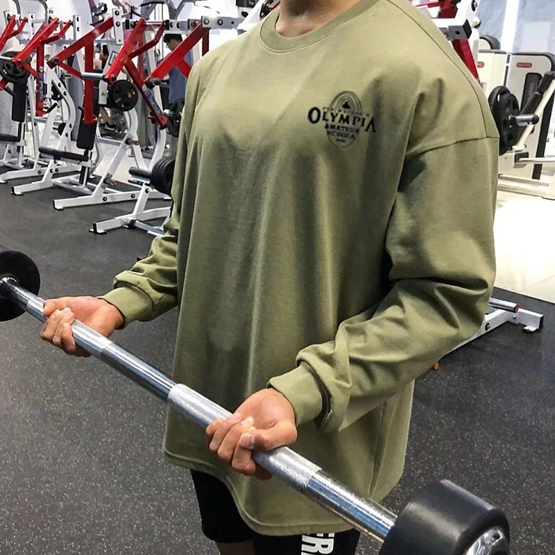 Men's Cotton Casual Long Sleeve T-shirt Man Gym Fitness Sweatshirt O-Neck Running Training Tops Male Workout Clothing Undershirt