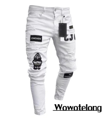 Men's White Embroidery Skinny Ripped Jeans Picture color