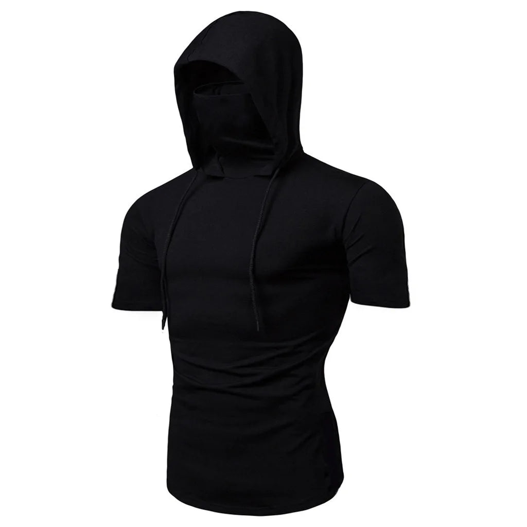 Men Athletic Hoodies Fashion Slim Fit Long Sleeve Sweatshirt with Mask Design Solid Color Sport Fitness Casual Pullover Outwear