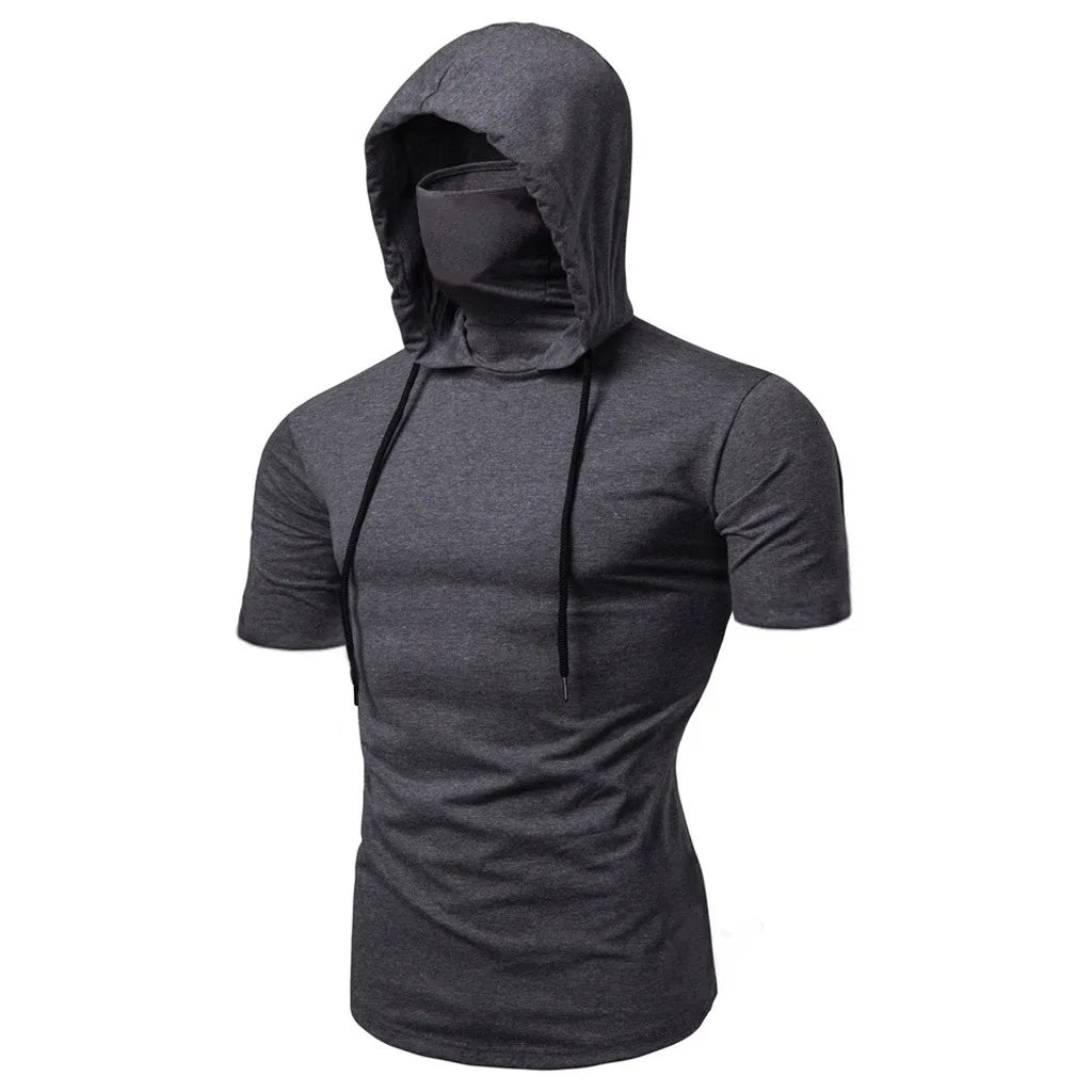 Men Athletic Hoodies Fashion Slim Fit Long Sleeve Sweatshirt with Mask Design Solid Color Sport Fitness Casual Pullover Outwear