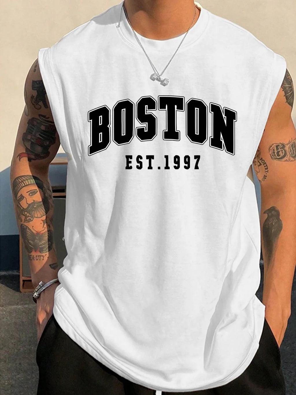 Men's summer fashion casual sports loose Boston est 1997 Print comfortable breathable round neck sleeveless vest