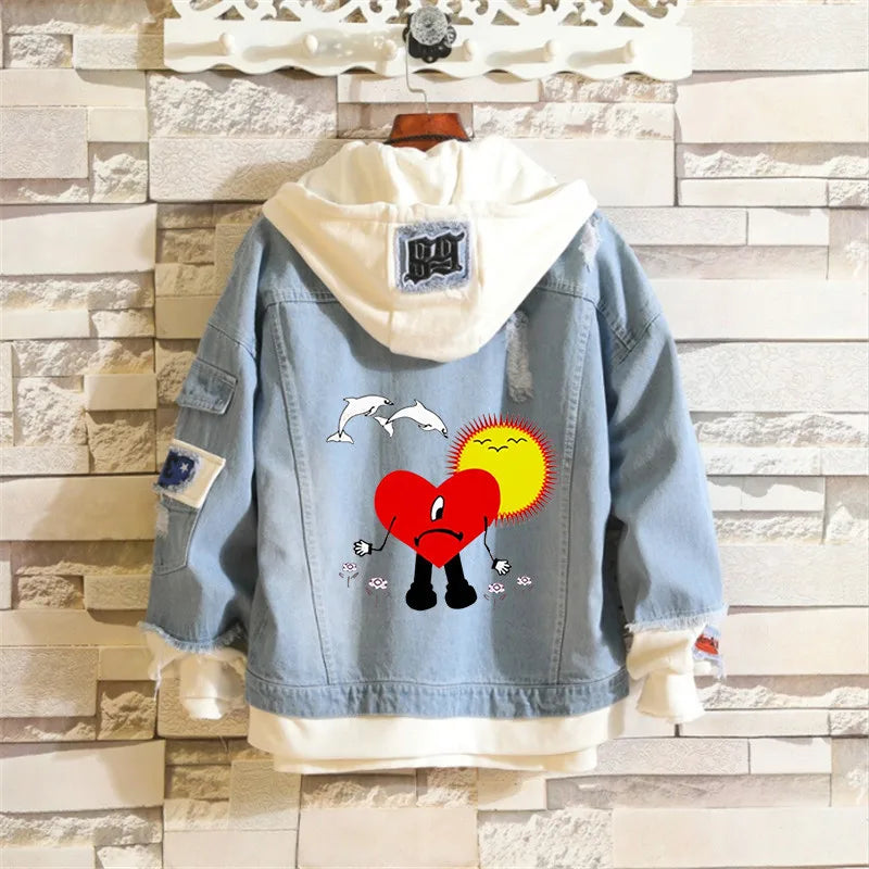 Bad Bunny Un Verano Sin Ti Men Light Blue Denim Jackets Women Men's Slim Casual Denim Coats New Male High Quality Jean Coats
