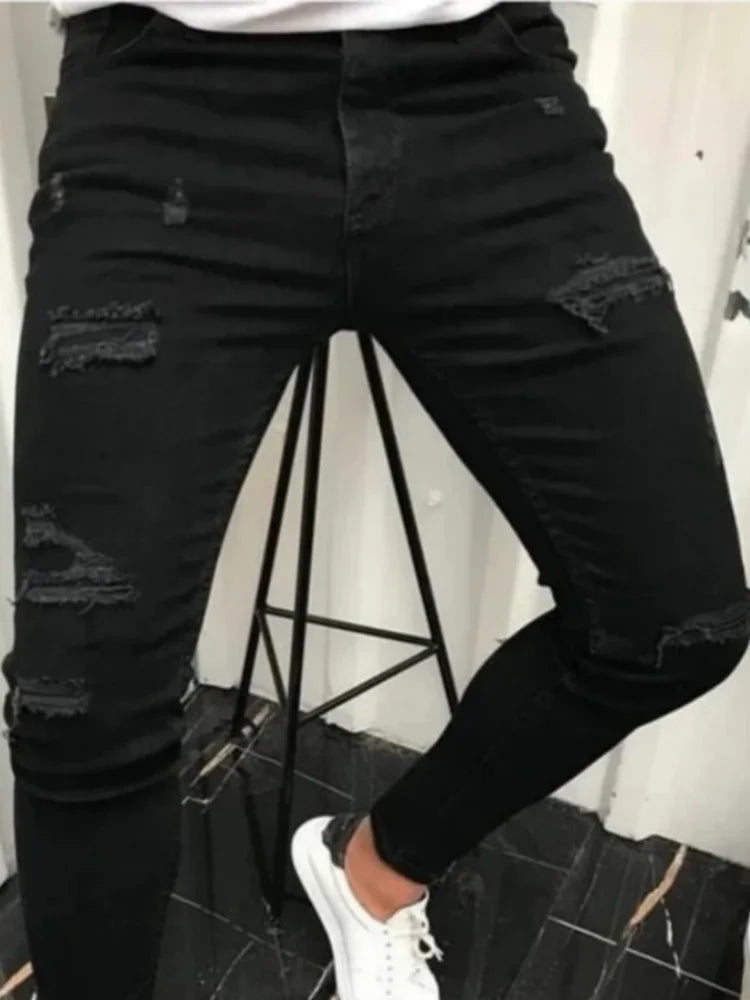 Men's Slim Ripped Streetwear Jeans black