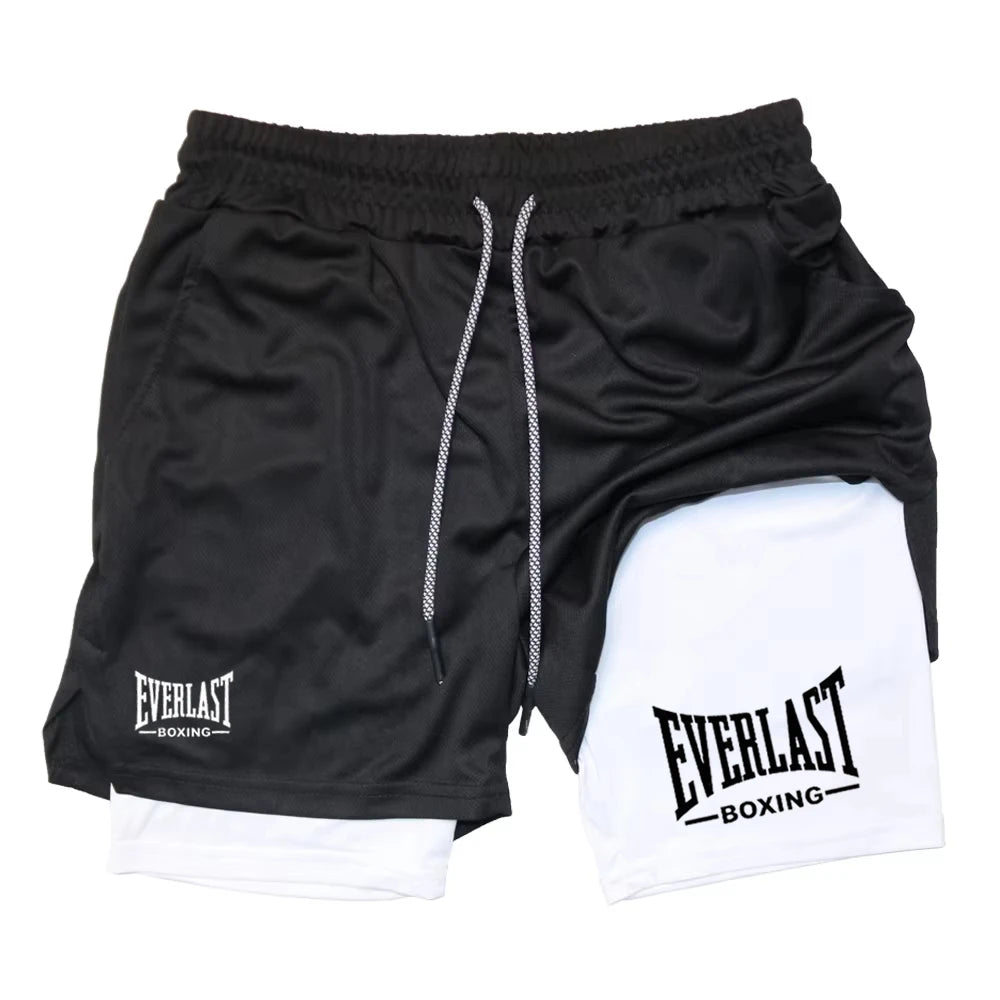Men's Printed Double-Layer Compression Gym Shorts black and white