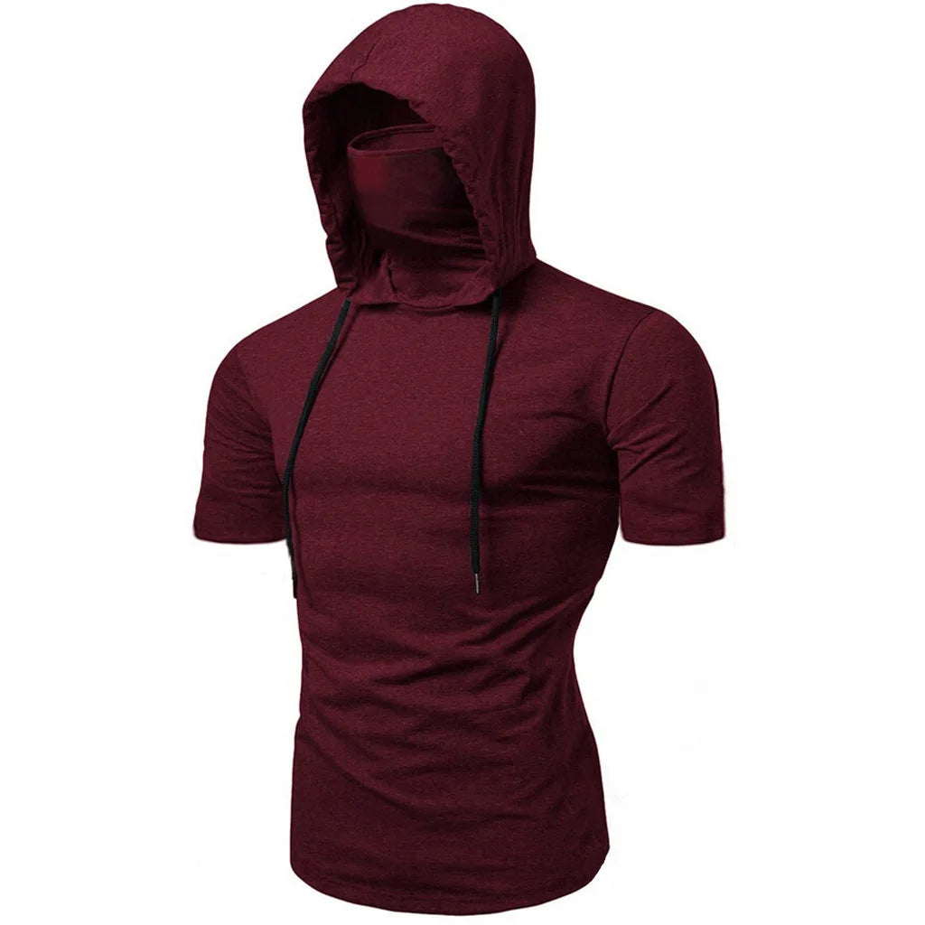 Men Athletic Hoodies Fashion Slim Fit Long Sleeve Sweatshirt with Mask Design Solid Color Sport Fitness Casual Pullover Outwear