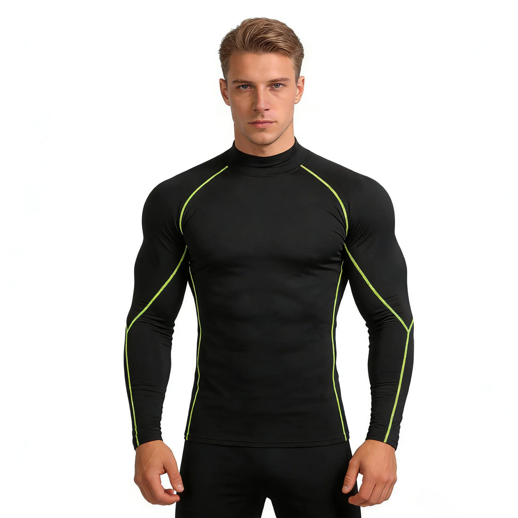 Men's Long Sleeve Compression Turtleneck Shirt Black-Green