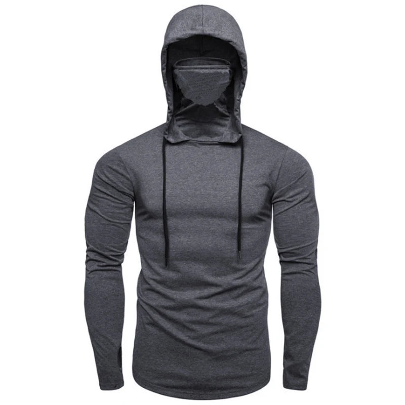 Men Athletic Hoodies Fashion Slim Fit Long Sleeve Sweatshirt with Mask Design Solid Color Sport Fitness Casual Pullover Outwear