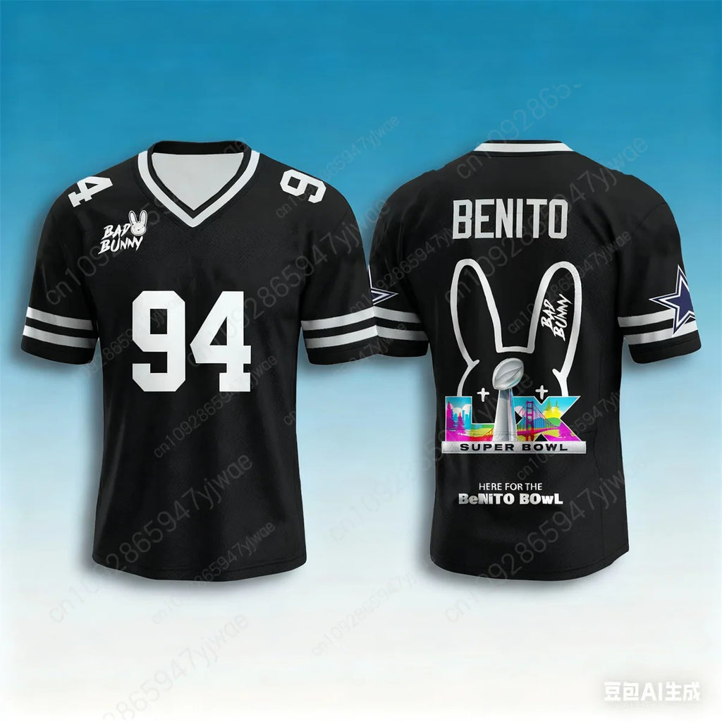 Bad Bunny Halftime Show Benito No.94 Print Rugby Jersey American Sports Tee V-neck Speed Drying Sportswear Summer Men's T-shirt