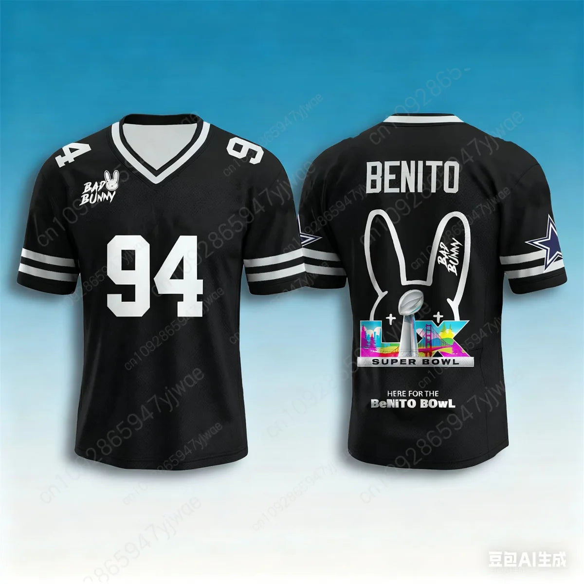 Bad Bunny Halftime Show Benito No.94 Print Rugby Jersey American Sports Tee V-neck Speed Drying Sportswear Summer Men's T-shirt