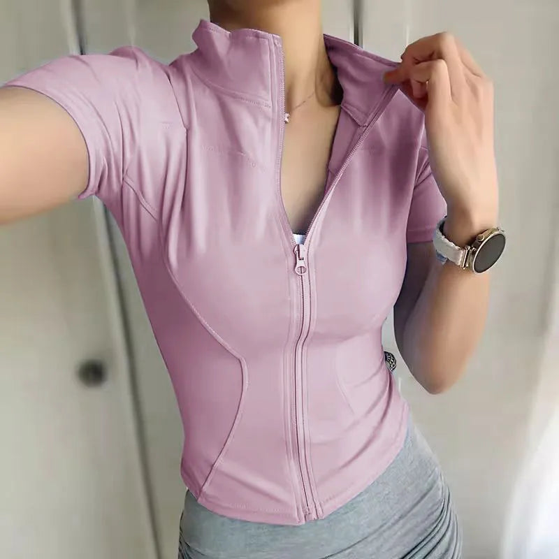 Women Sport T Shirt Slim Fit Quick-drying Full Zip Tops Outdoor Fitness Running Short Sleeve Motorcycle Riding T-shirt Yoga Wear