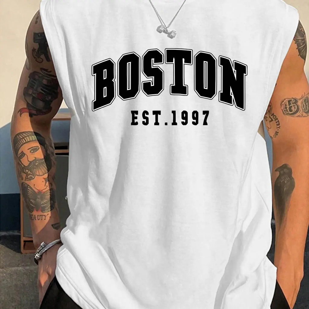 Men's summer fashion casual sports loose Boston est 1997 Print comfortable breathable round neck sleeveless vest