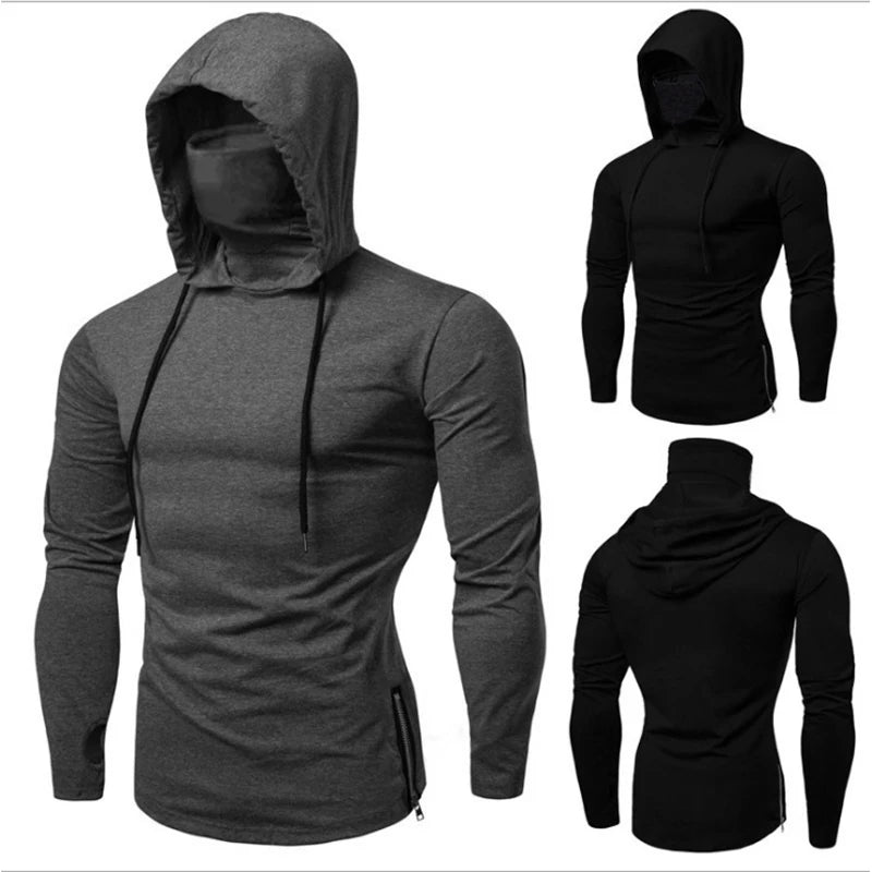Men Athletic Hoodies Fashion Slim Fit Long Sleeve Sweatshirt with Mask Design Solid Color Sport Fitness Casual Pullover Outwear