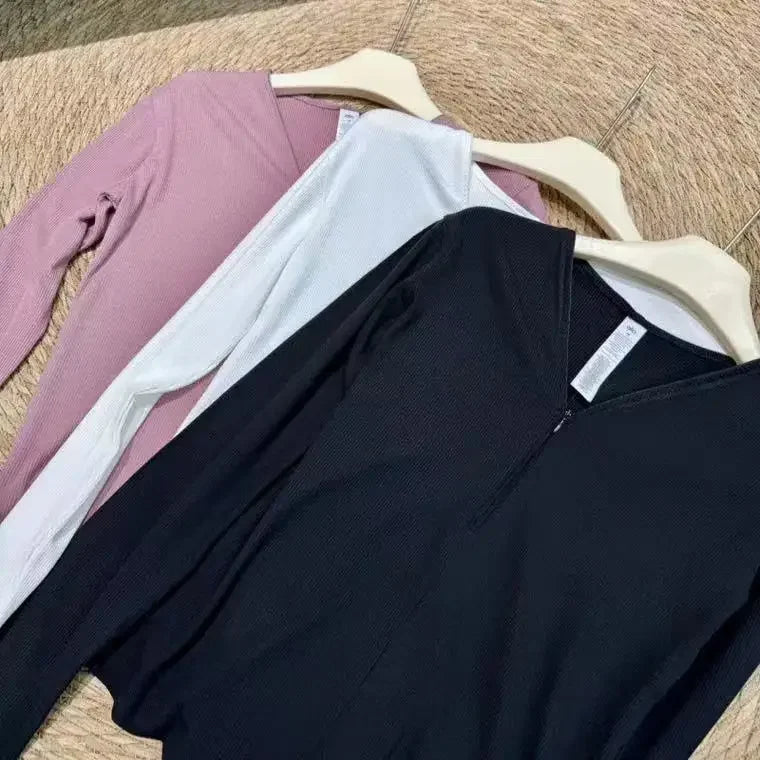 Sports Yoga Shirts Long-sleeved Tops for Women Quick-drying Fitness Pilates V Neck T-shirt Solid Black Slim Solid Training Women