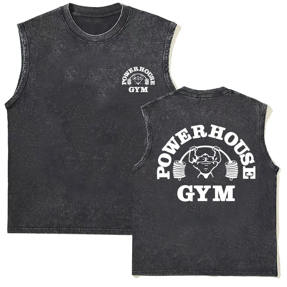Washed Vintage Powerhouse Gym Logo Double Sided Print Tank Tops T-shirts Men Women Casual Oversized Geek Fitness Vest T Shirts